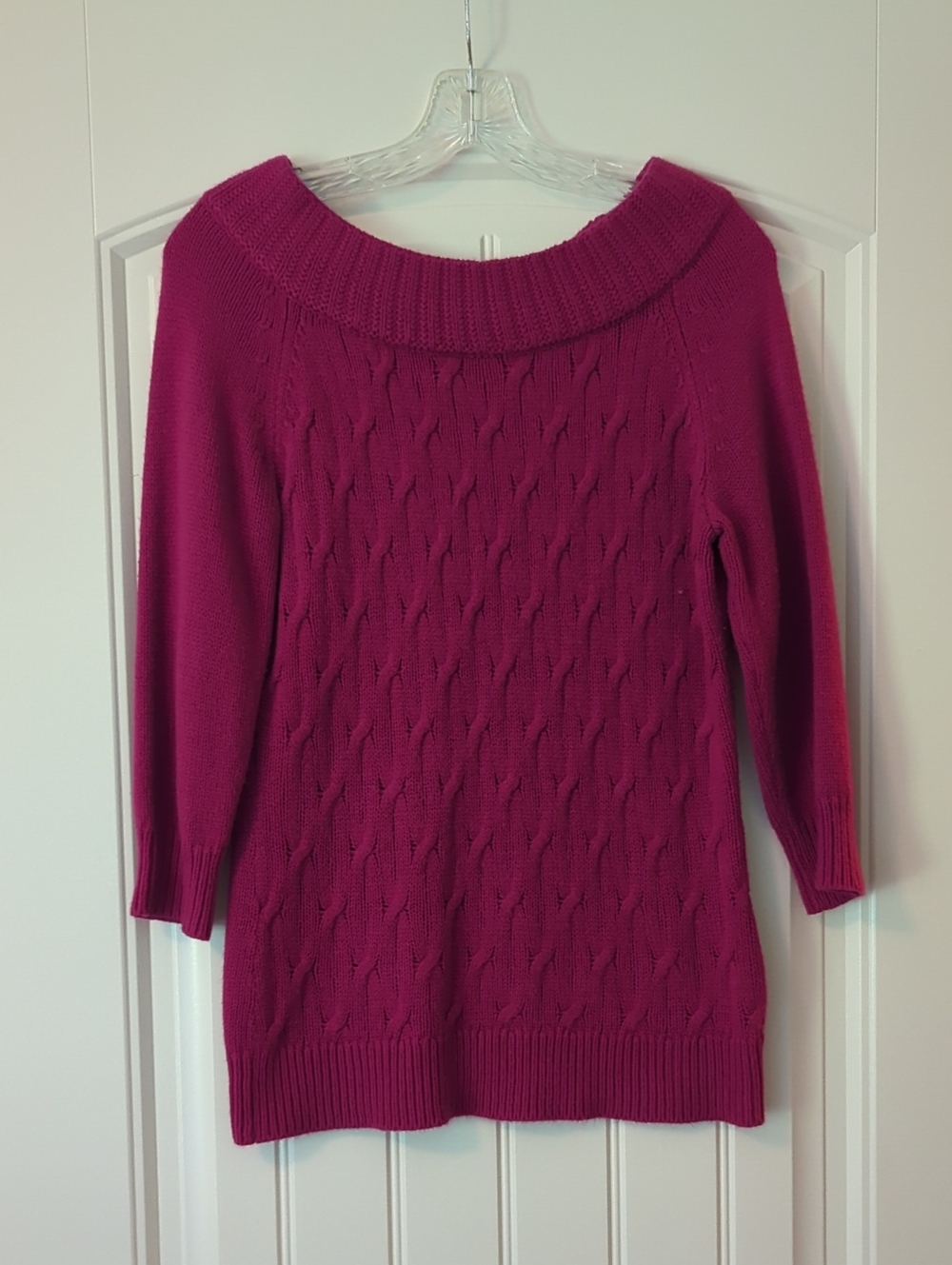 New York & Company Off-Shoulder Cable Knit Sweater - Fuchsia